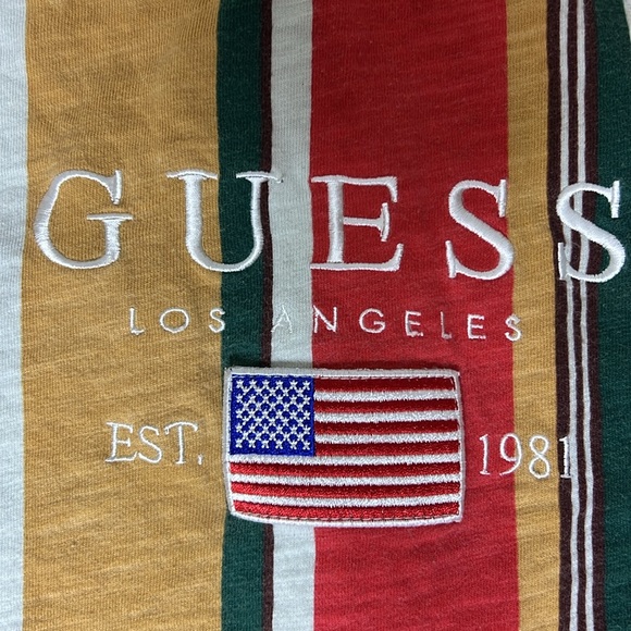 VTG GUESS David Sayer Vertical Stripe T Shirt Embroidered US Flag Spellout Y2K M - Picture 6 of 16